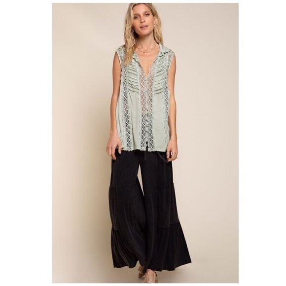 SLEEVELESS woven top in Desert Sage with Lace Accents - Picture 3 of 8